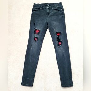 Judy Blue Skinny Fit Jeans Size 9/29 Black Distressed Red Plaid Patches Stretch